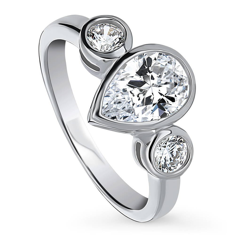 Front view of 3-Stone 1.3ct Pear CZ Ring in Sterling Silver, 4 of 9
