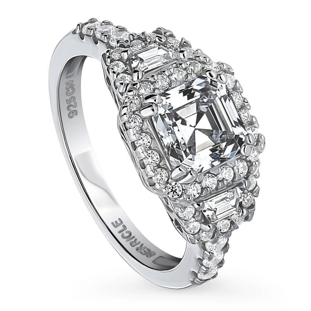 Front view of Halo 3-Stone Art Deco 1.6ct Asscher CZ Ring in Sterling Silver, 3 of 11
