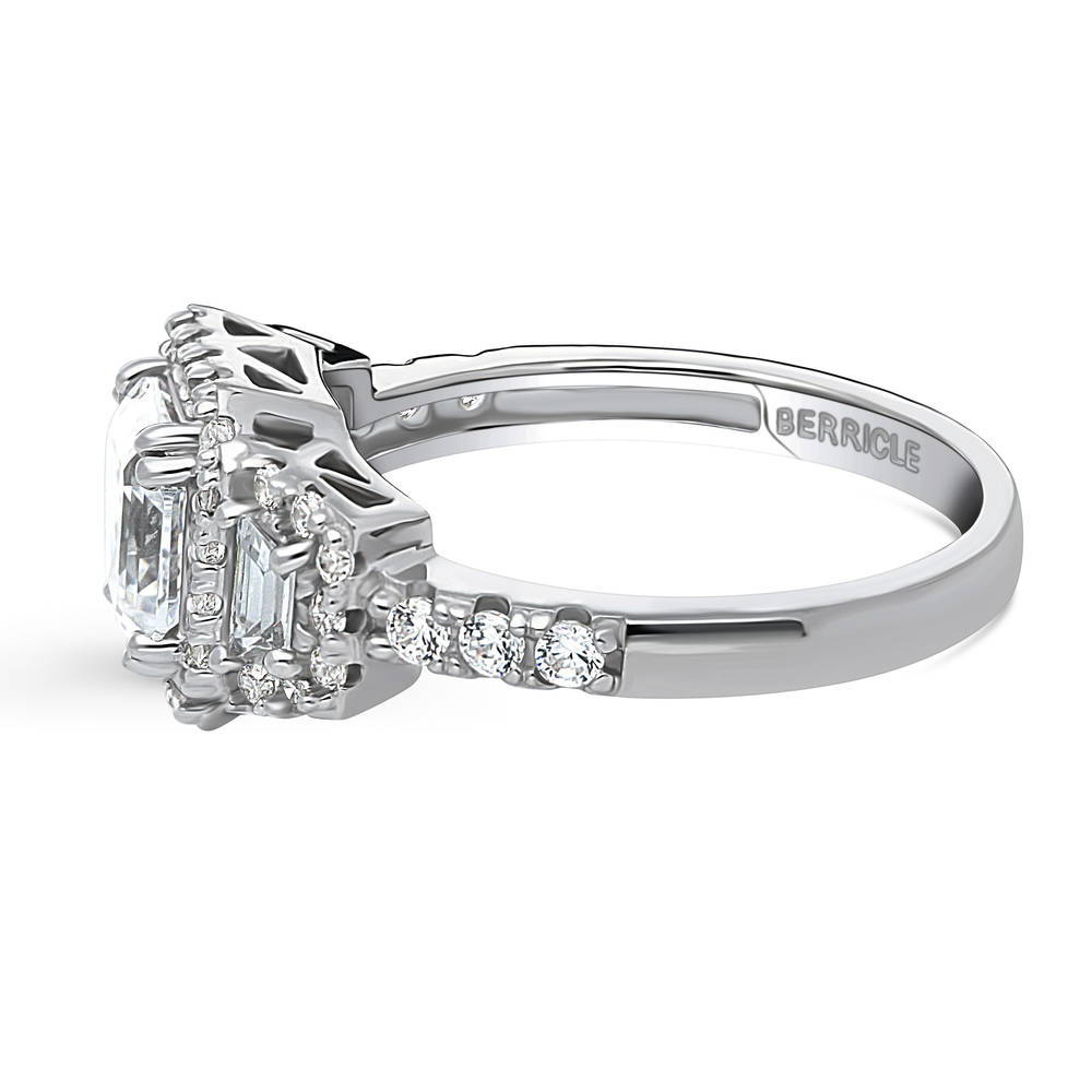 Angle view of Halo 3-Stone Art Deco 1.6ct Asscher CZ Ring in Sterling Silver, 6 of 11