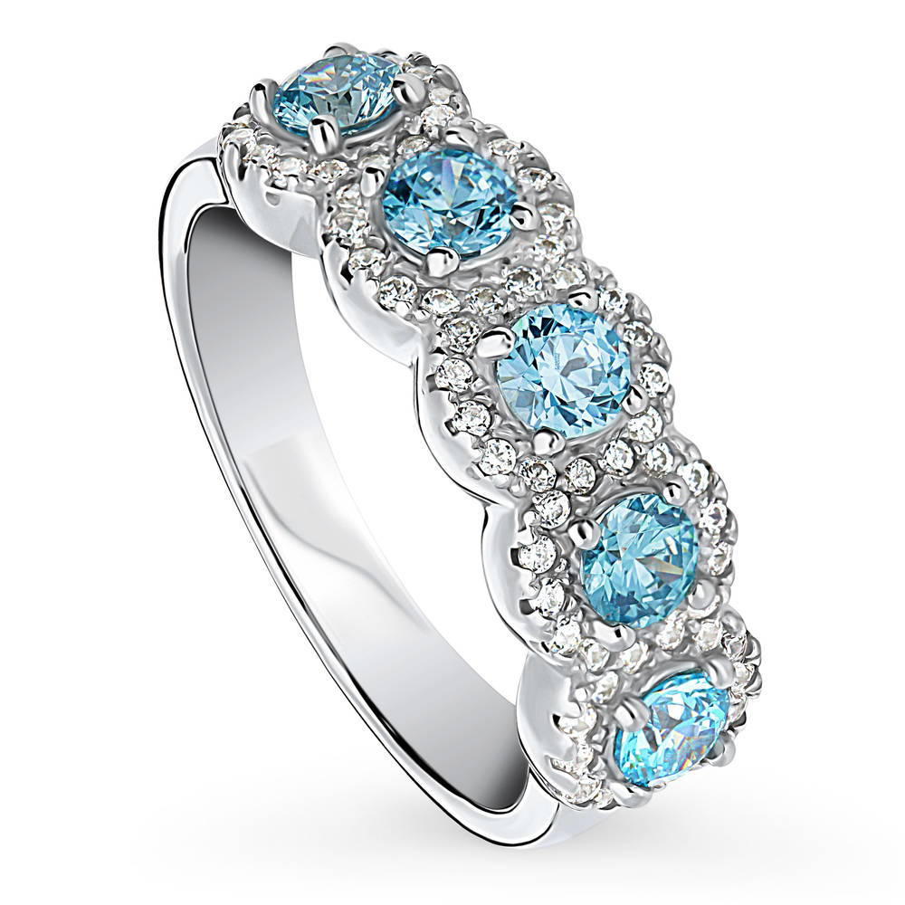 5-Stone Simulated Aquamarine CZ Ring in Sterling Silver