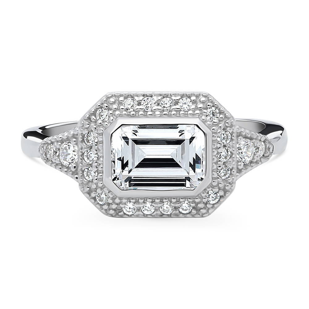 Halo East-West Emerald Cut CZ Ring in Sterling Silver