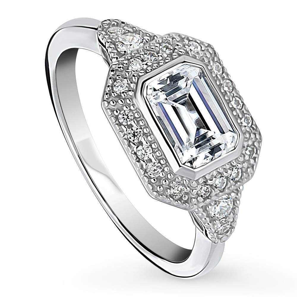 Front view of Halo East-West Art Deco Milgrain CZ Ring in Sterling Silver, 3 of 9