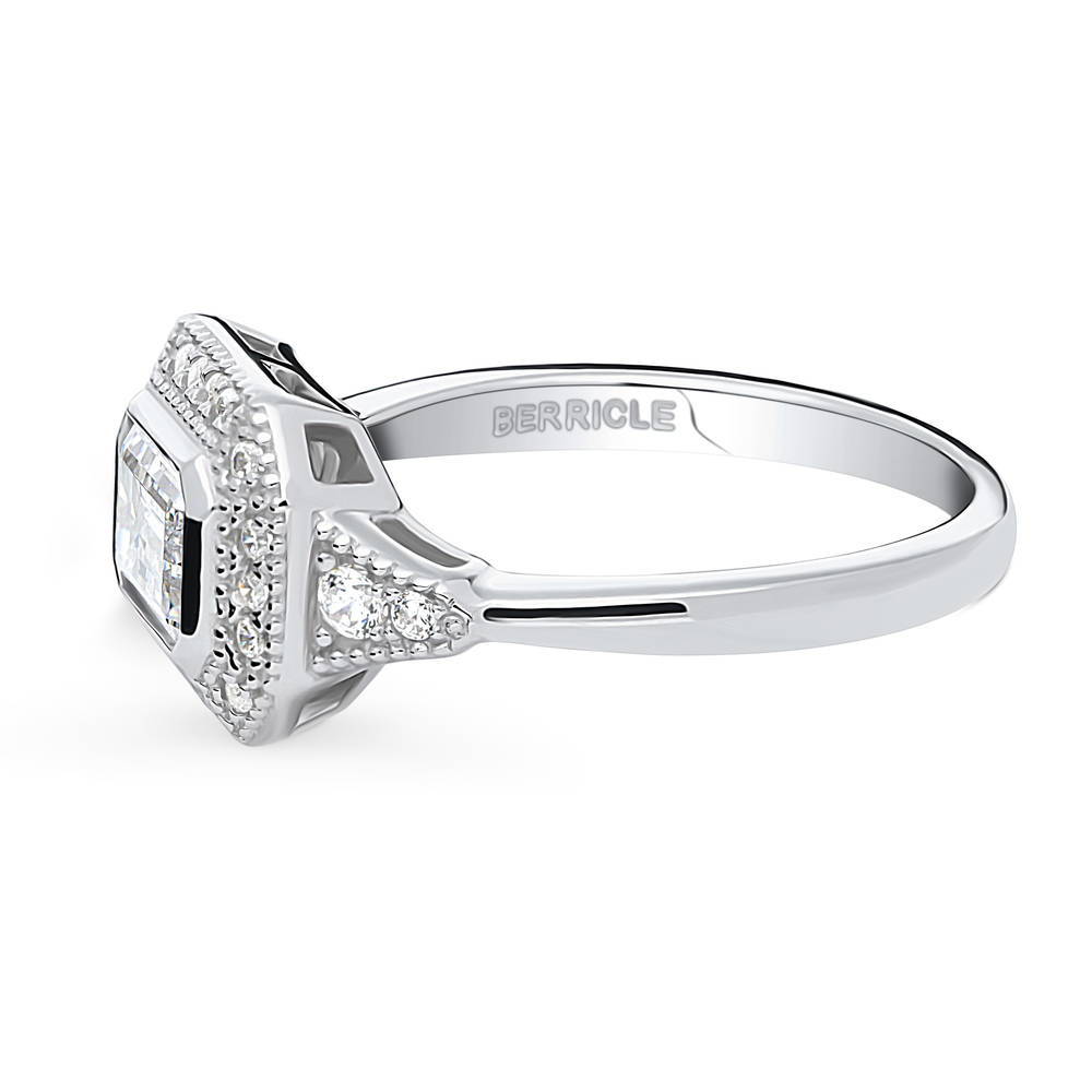 Angle view of Halo East-West Art Deco Milgrain CZ Ring in Sterling Silver, 4 of 9