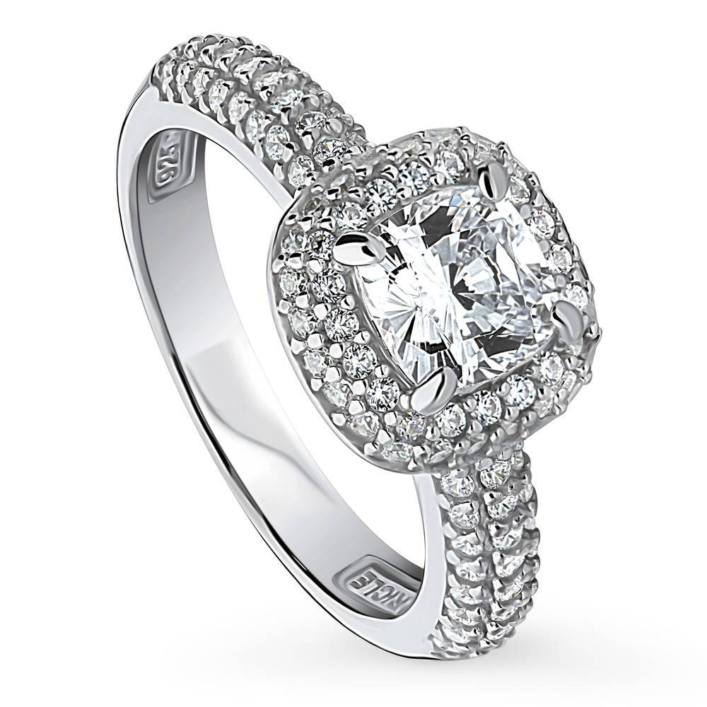 Front view of Halo Cushion Cut CZ Ring in Sterling Silver, 4 of 8
