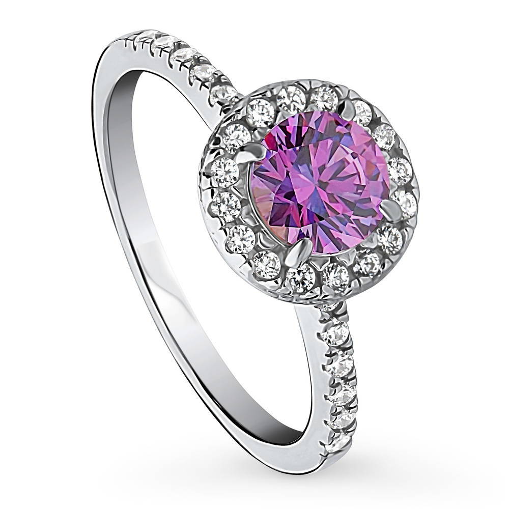 Front view of Halo Purple CZ Ring in Sterling Silver, 4 of 8