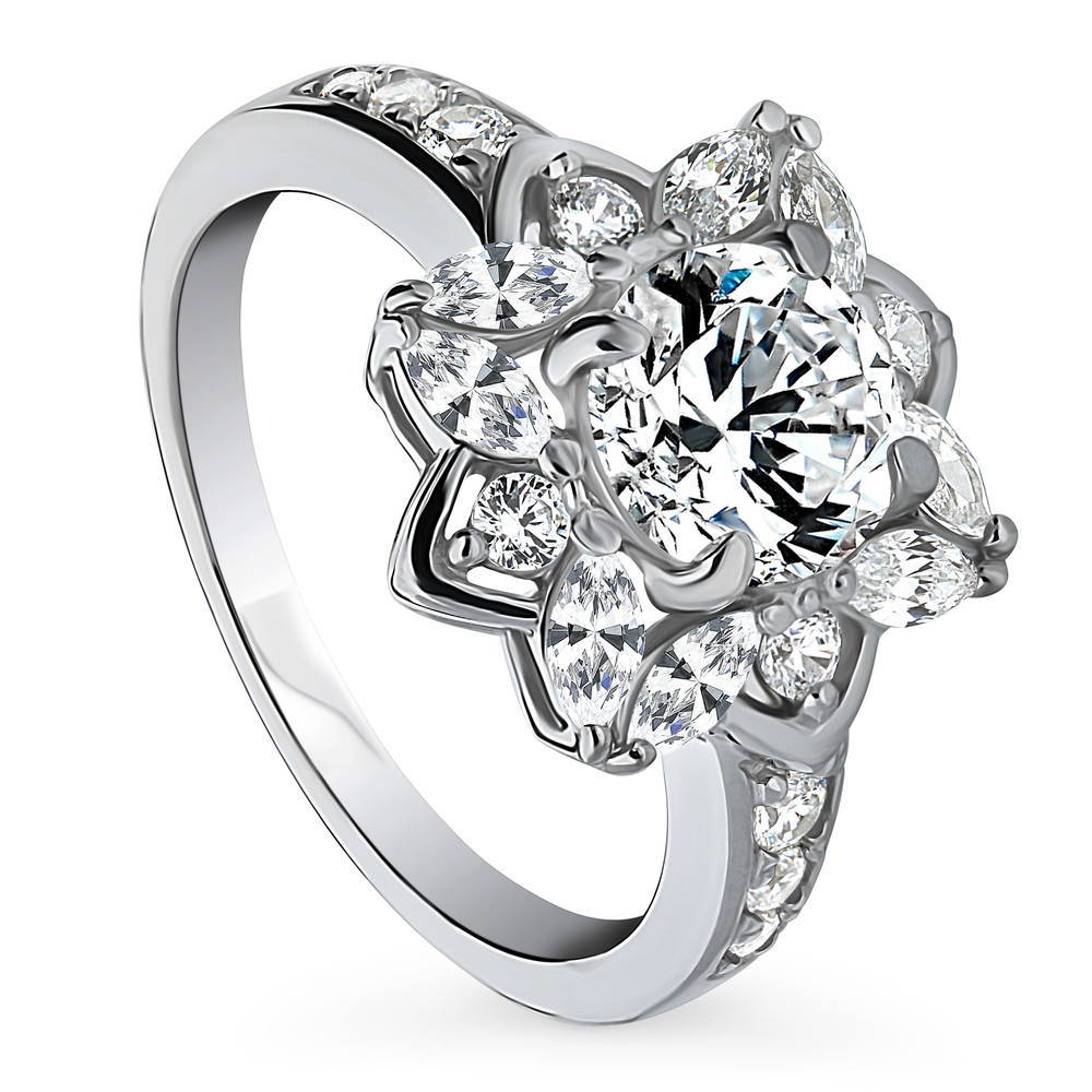 Front view of Flower Halo CZ Ring in Sterling Silver, 3 of 12