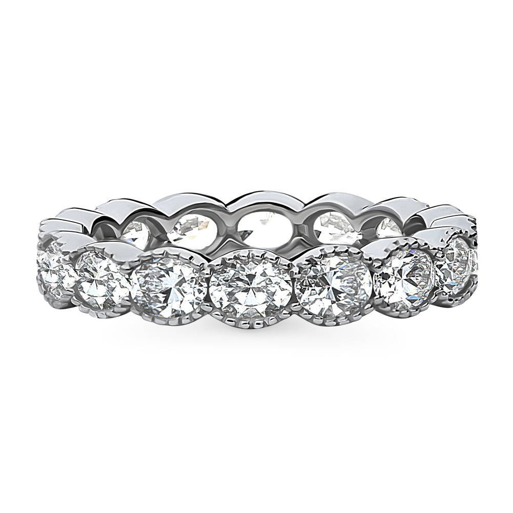 East-West Milgrain Bezel Set Oval CZ Eternity Ring in Sterling Silver