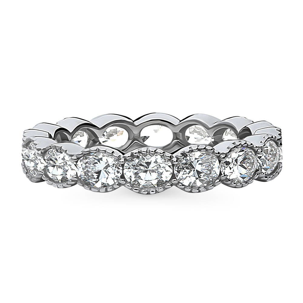 East-West Milgrain Bezel Oval CZ Eternity Ring in Sterling Silver