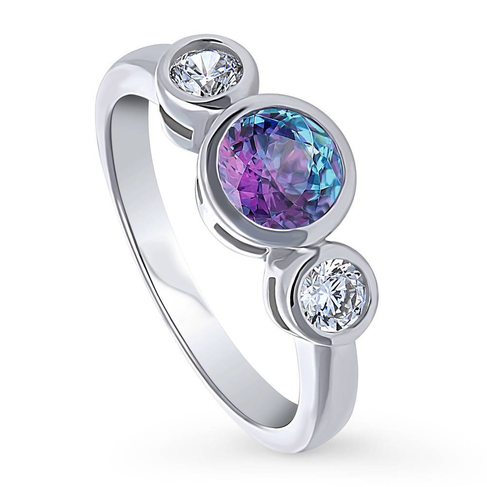 Front view of 3-Stone Kaleidoscope 0.8ct Purple Aqua CZ Ring in Sterling Silver, 4 of 8
