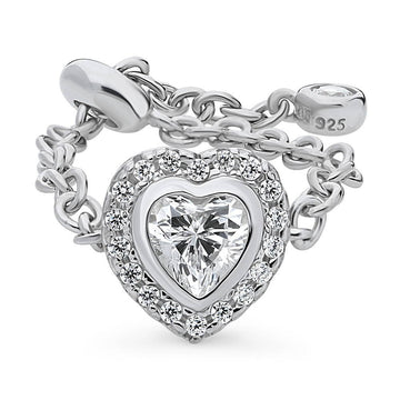 Halo Heart CZ Chain Ring in Sterling Silver