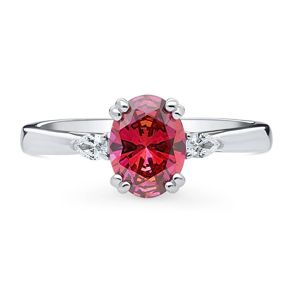 3-Stone Red Oval CZ Ring in Sterling Silver