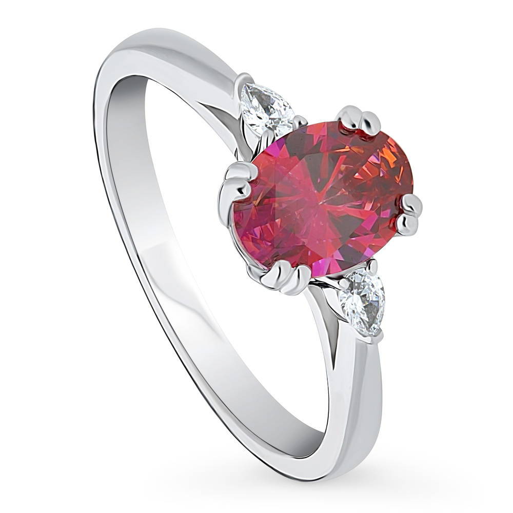 Front view of 3-Stone 1.2ct Red Oval CZ Ring in Sterling Silver, 4 of 8