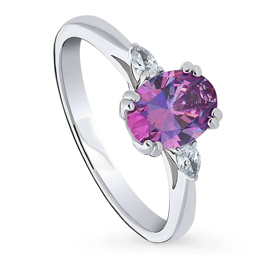 Front view of 3-Stone 1.2ct Purple Oval CZ Ring in Sterling Silver, 4 of 8