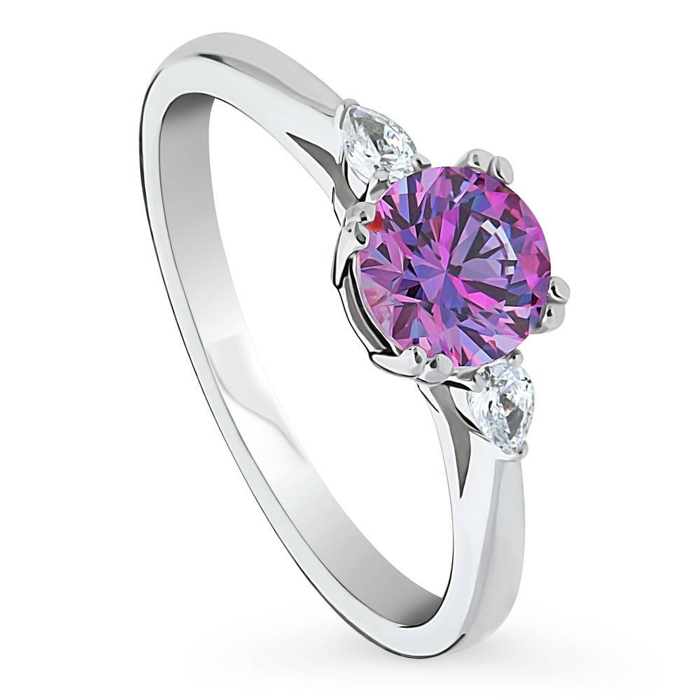 3-Stone Purple Round CZ Ring in Sterling Silver