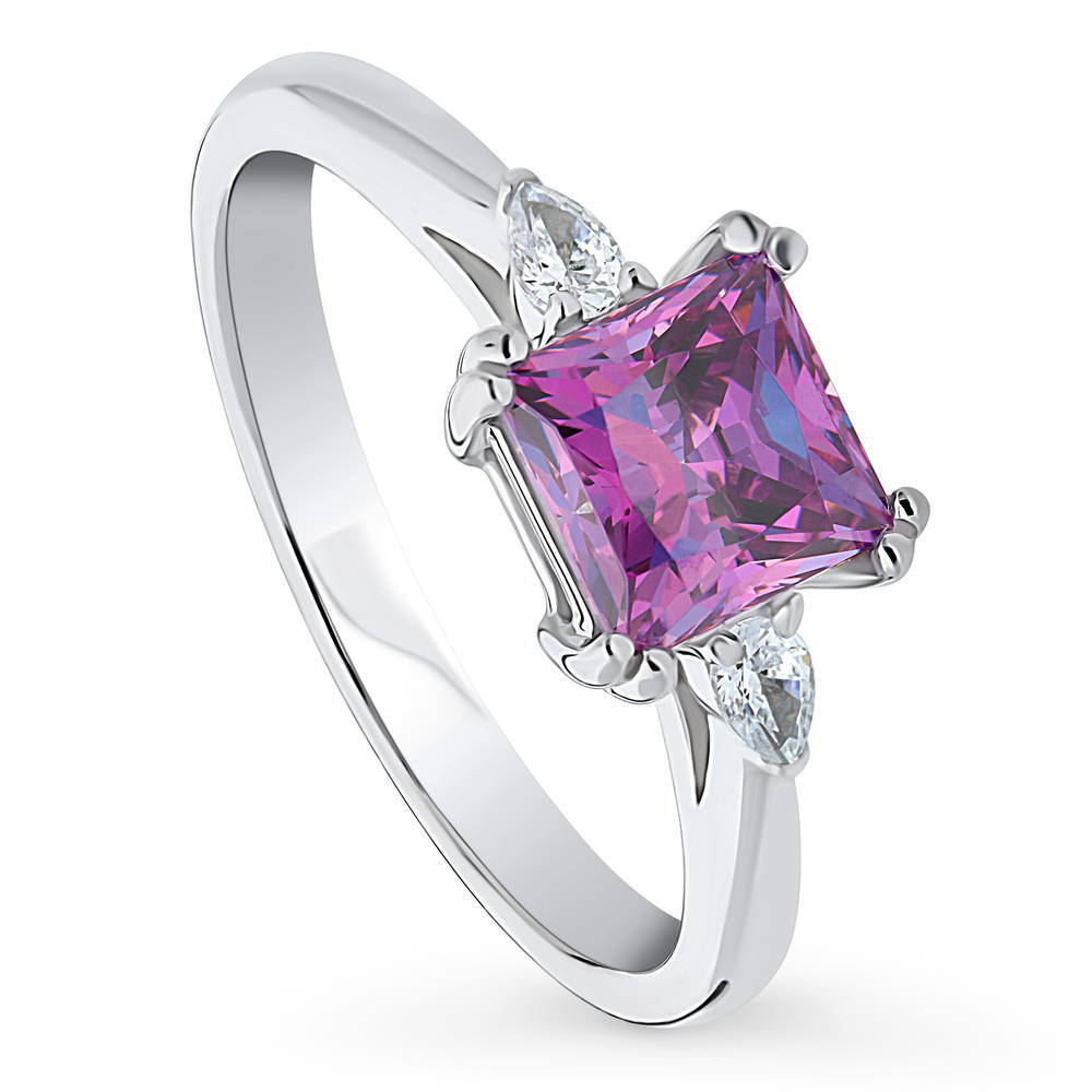 Front view of 3-Stone 1.2ct Purple Princess CZ Ring in Sterling Silver, 4 of 8