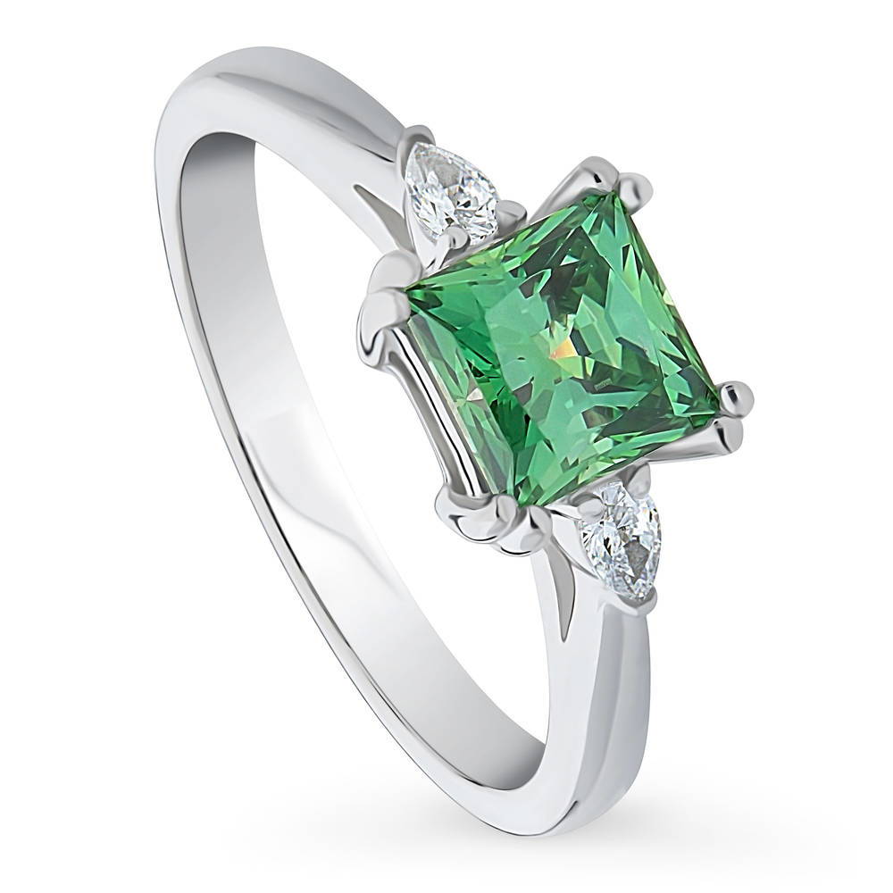 Front view of 3-Stone 1.2ct Green Princess CZ Ring in Sterling Silver, 4 of 8