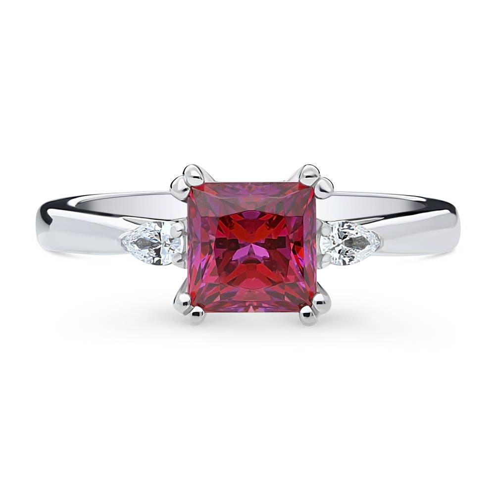 3-Stone 1.2ct Red Princess CZ Ring in Sterling Silver, 1 of 8