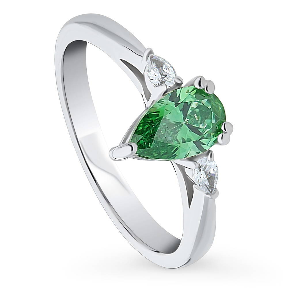 Front view of 3-Stone 0.8ct Green Pear CZ Ring in Sterling Silver, 4 of 8