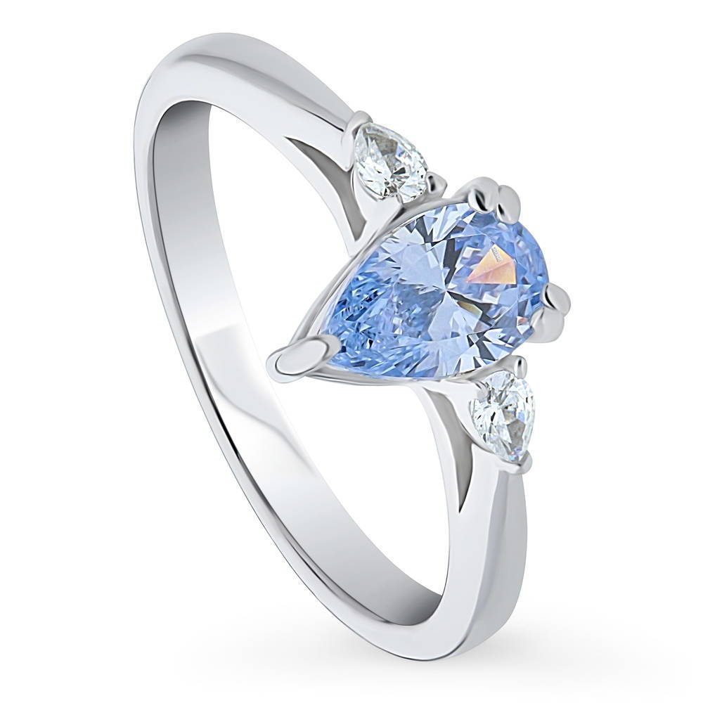 Front view of 3-Stone 0.8ct Greyish Blue Pear CZ Ring in Sterling Silver, 4 of 8