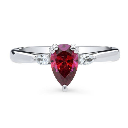 3-Stone 0.8ct Red Pear CZ Ring in Sterling Silver