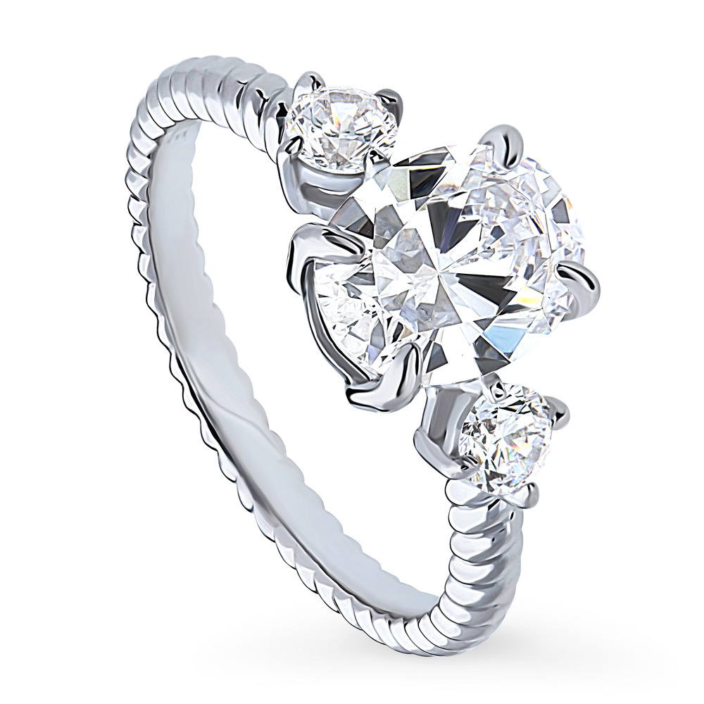 Front view of 3-Stone Cable 1.8ct Oval CZ Ring in Sterling Silver, 4 of 9