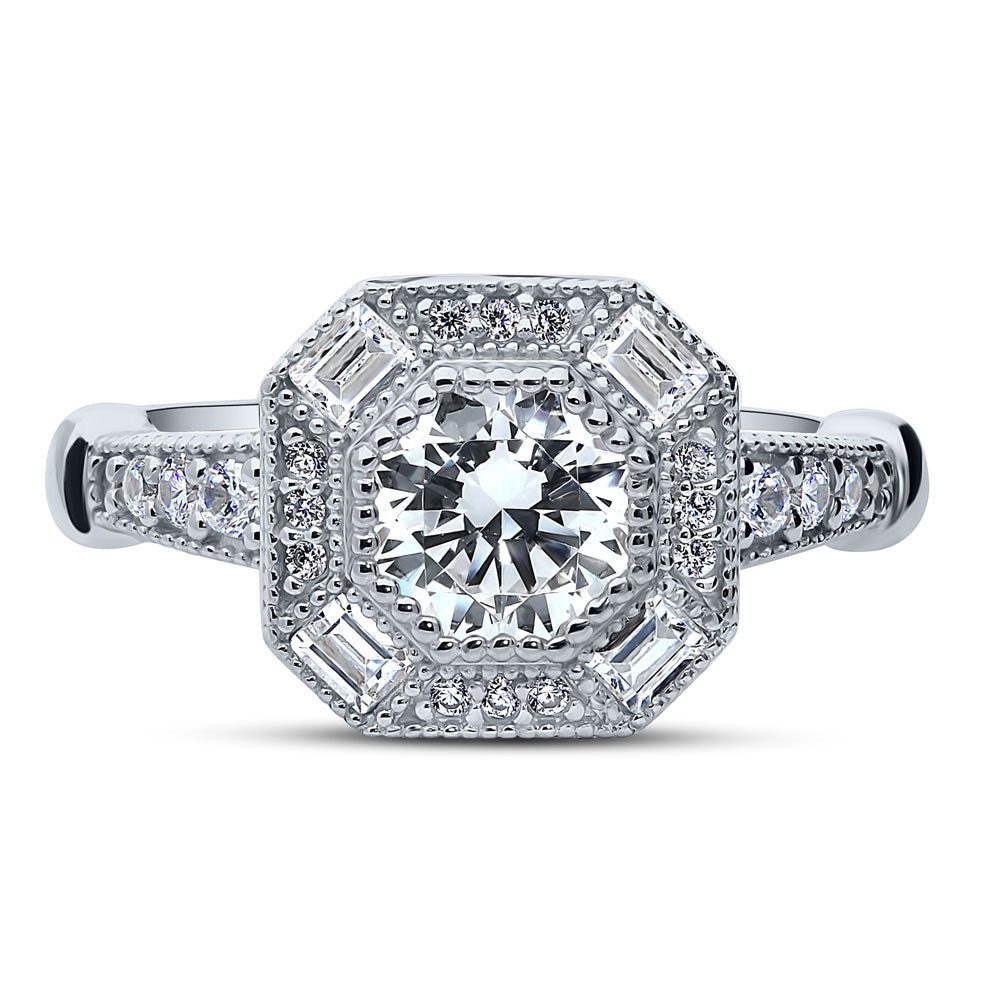 Halo Art Deco Milgrain Octagon Sun Cut CZ Ring in Sterling Silver, 1 of 8