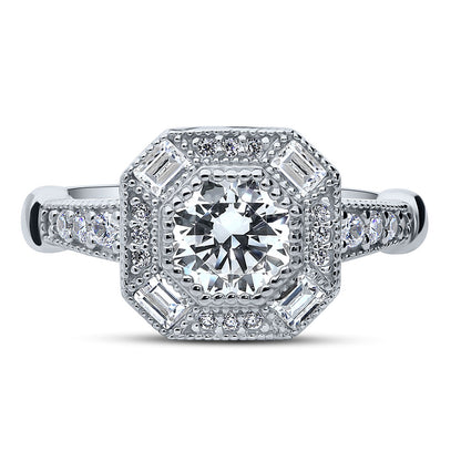 Halo Art Deco Milgrain Octagon Sun Cut CZ Ring in Sterling Silver
