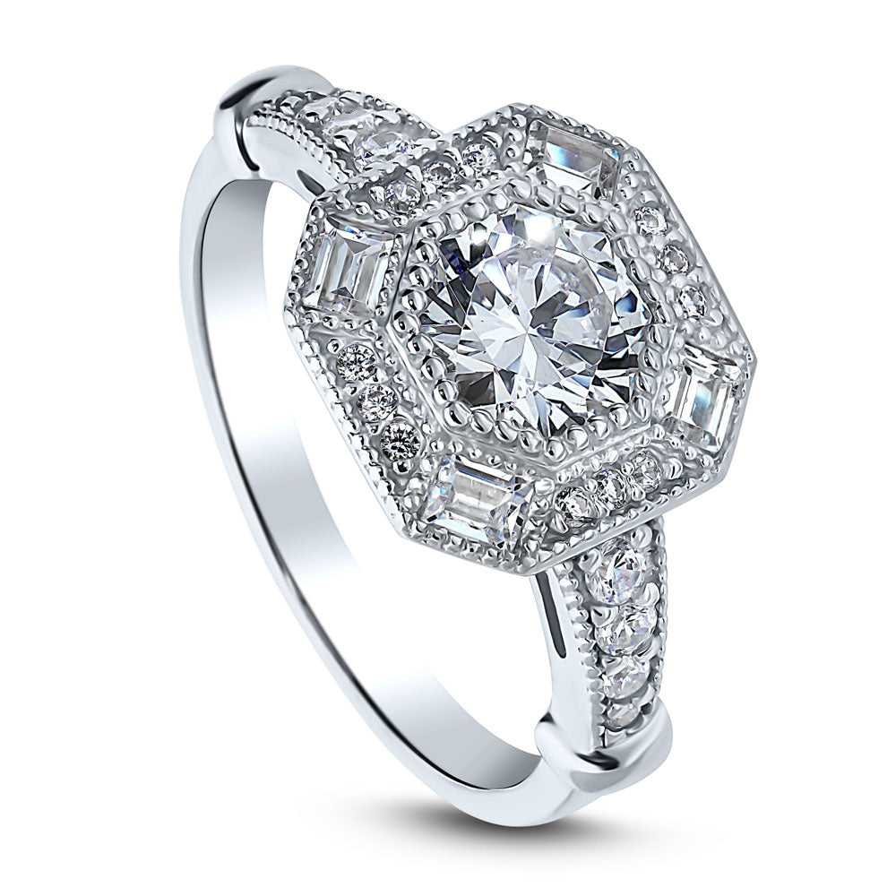 Front view of Halo Art Deco Milgrain Octagon Sun Cut CZ Ring in Sterling Silver, 4 of 8