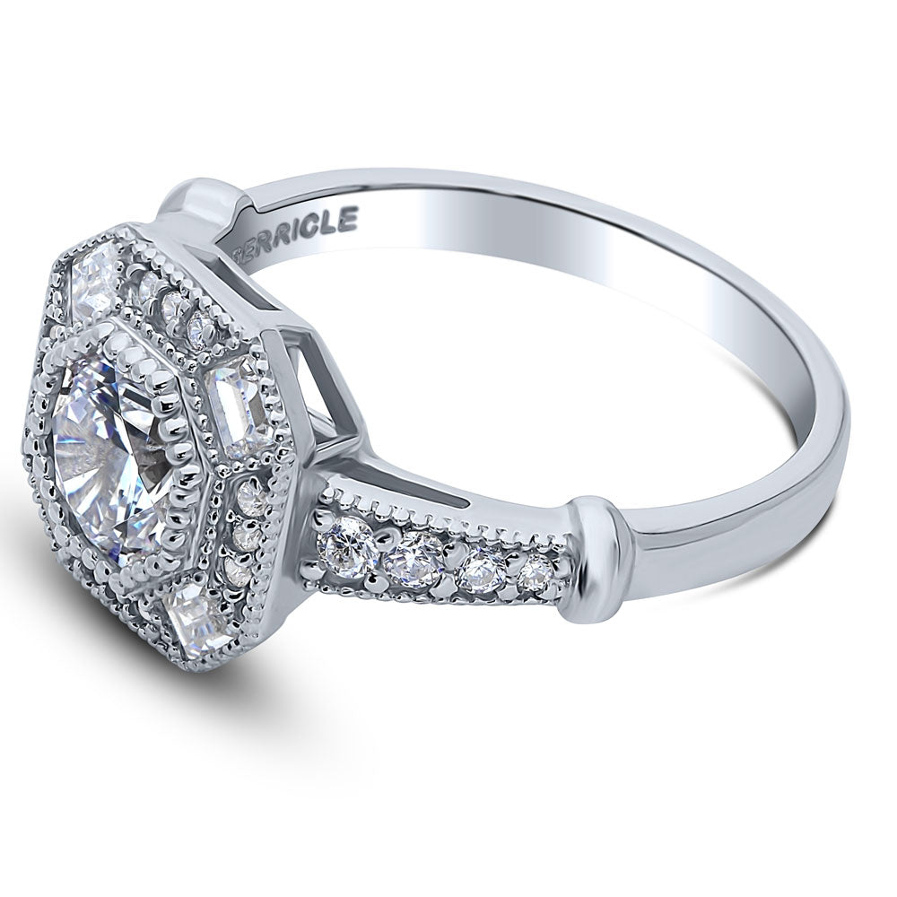 Halo Art Deco Milgrain Octagon Sun Cut CZ Ring in Sterling Silver