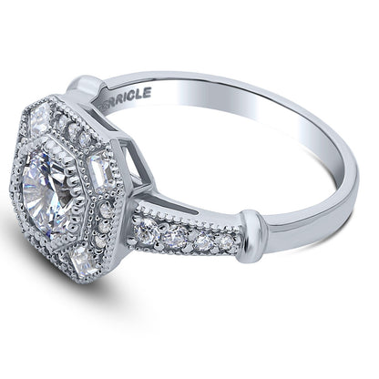 Halo Art Deco Milgrain Octagon Sun Cut CZ Ring in Sterling Silver