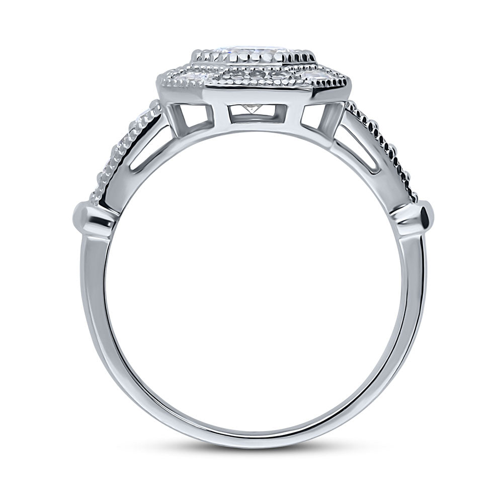 Halo Art Deco Milgrain Octagon Sun Cut CZ Ring in Sterling Silver
