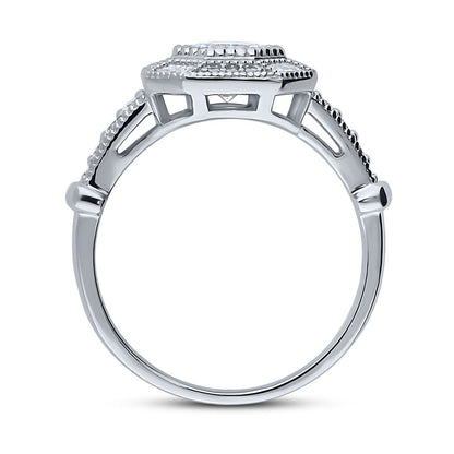 Halo Art Deco Milgrain Octagon Sun Cut CZ Ring in Sterling Silver