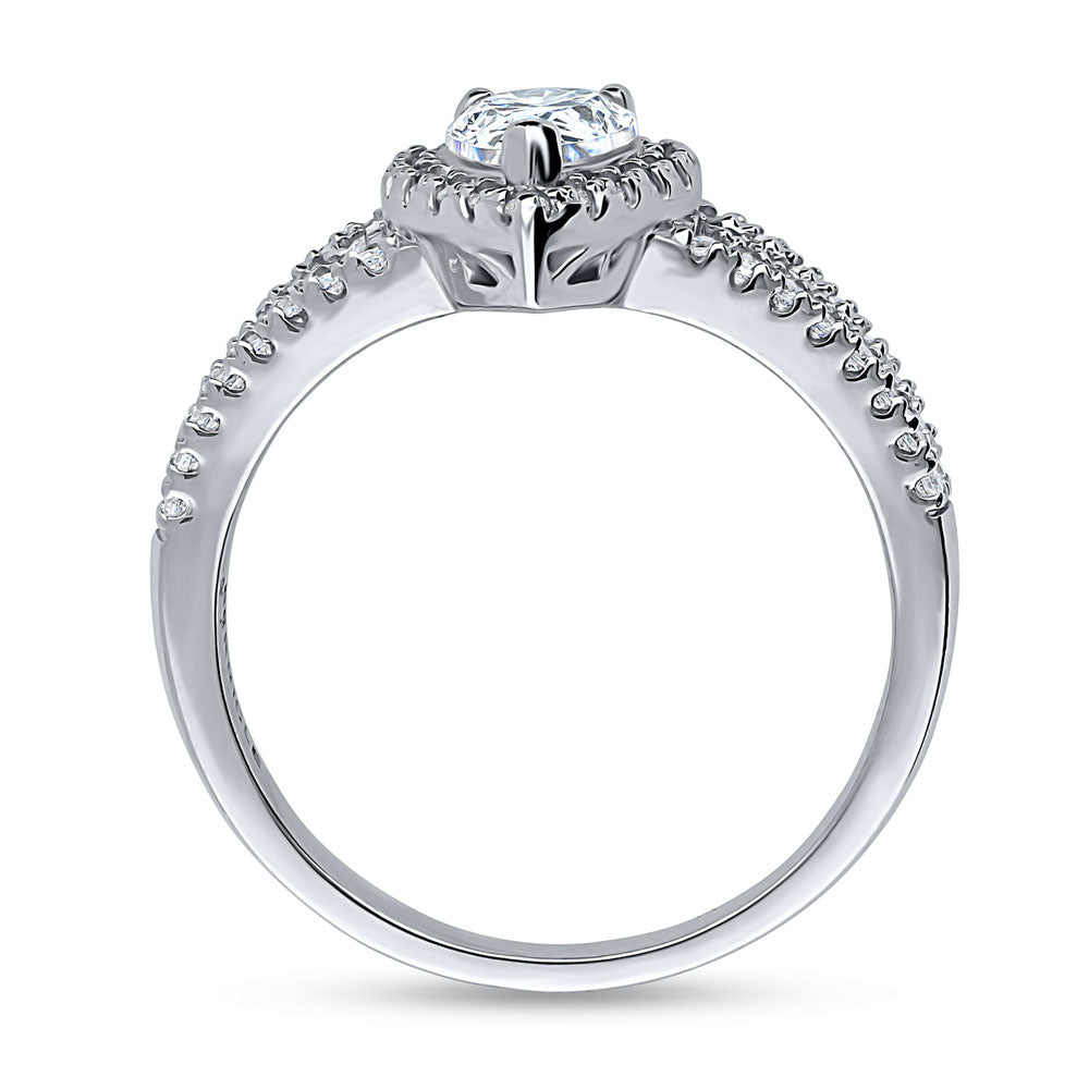 Halo Pear CZ Split Shank Ring in Sterling Silver