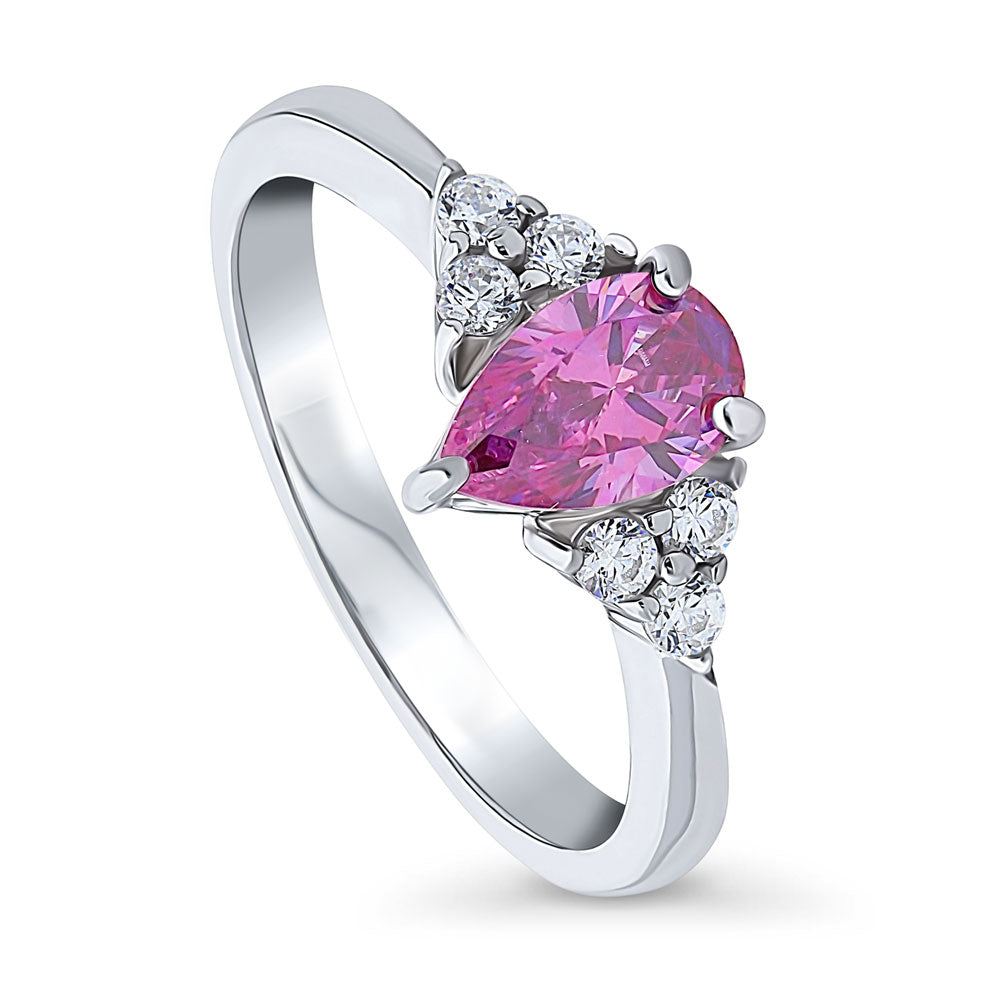 Front view of Solitaire 0.8ct Purple Pear CZ Ring in Sterling Silver, 4 of 7