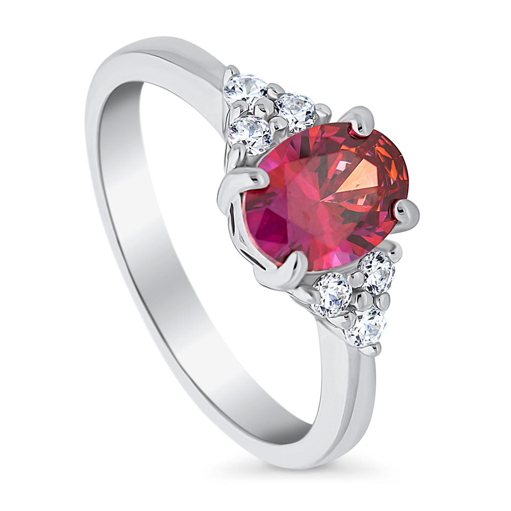 Front view of Solitaire 1.2ct Red Oval CZ Ring in Sterling Silver, 4 of 7