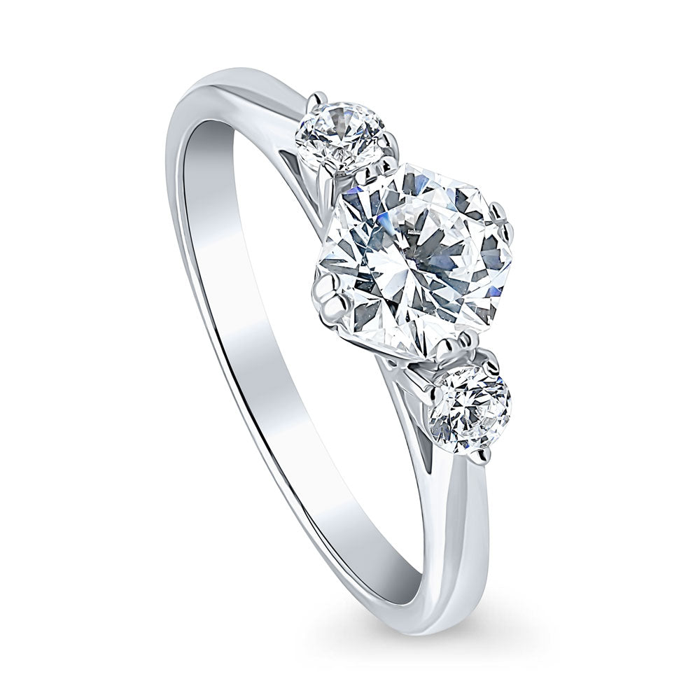 Front view of 3-Stone 1.25ct Octagon Sun Cut CZ Ring in Sterling Silver, 3 of 5