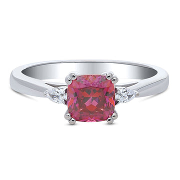 3-Stone Red Cushion CZ Ring in Sterling Silver