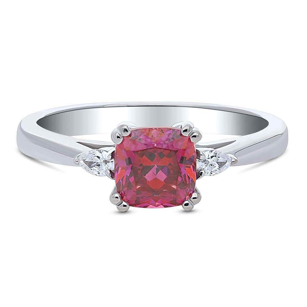 3-Stone 1.25ct Red Cushion CZ Ring in Sterling Silver, 1 of 7