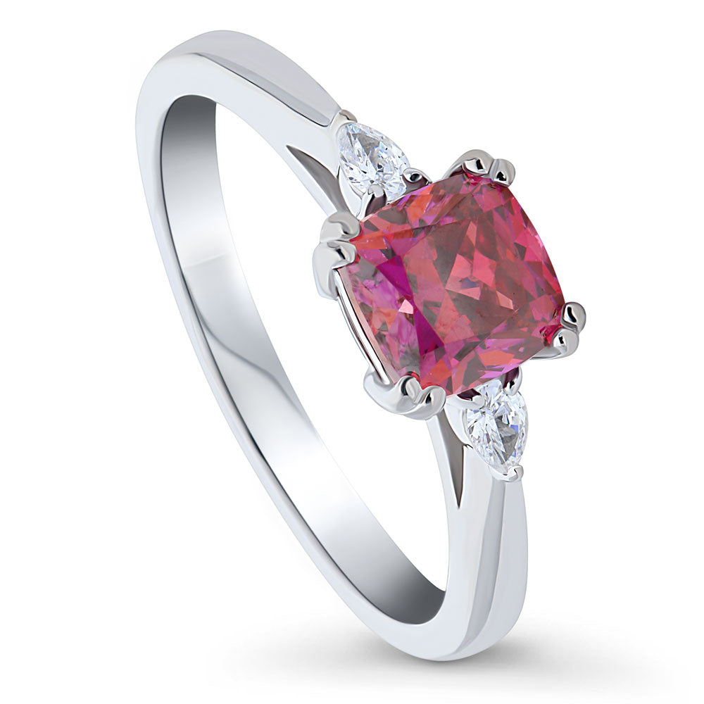 Front view of 3-Stone 1.25ct Red Cushion CZ Ring in Sterling Silver, 4 of 7