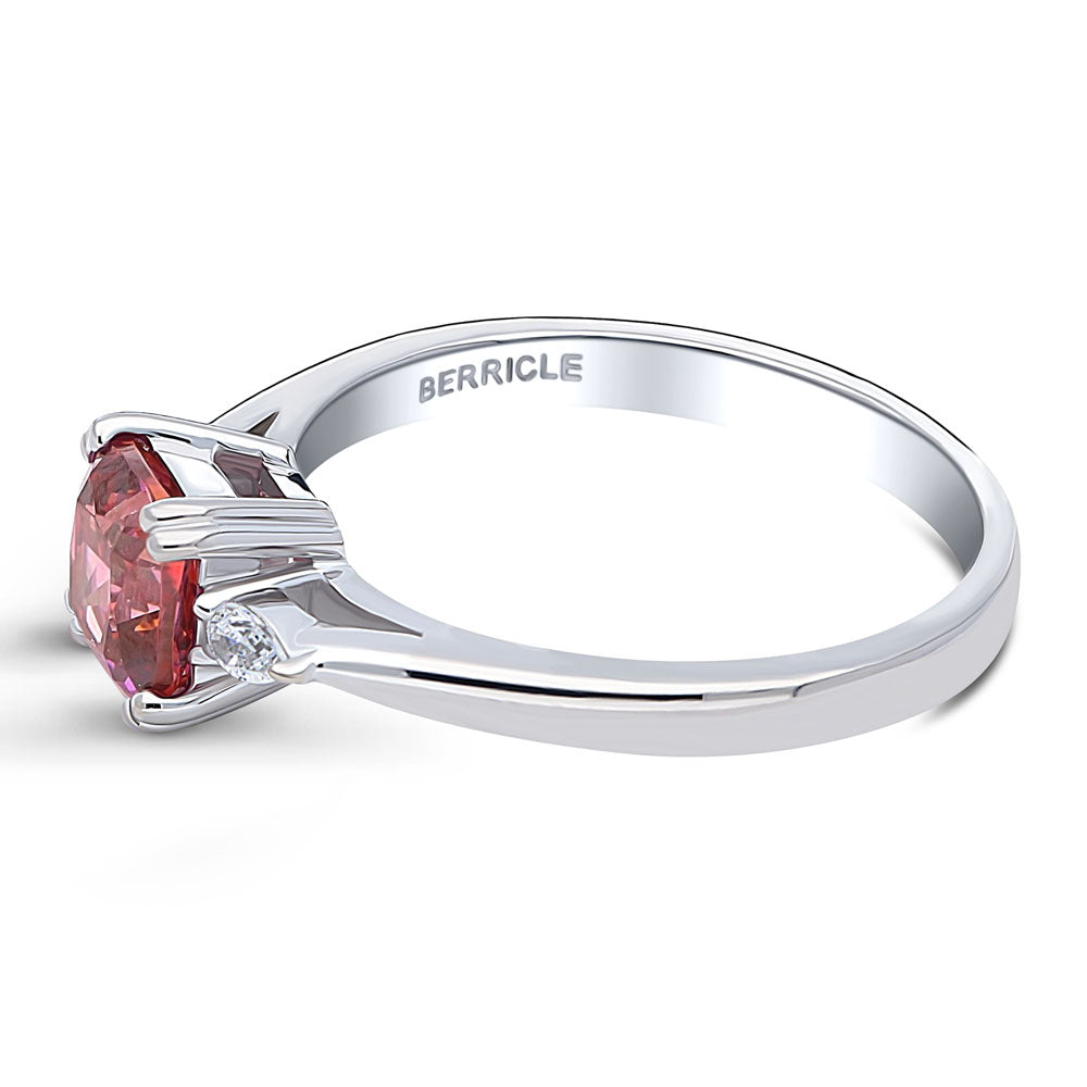 Angle view of 3-Stone 1.25ct Red Cushion CZ Ring in Sterling Silver, 5 of 7