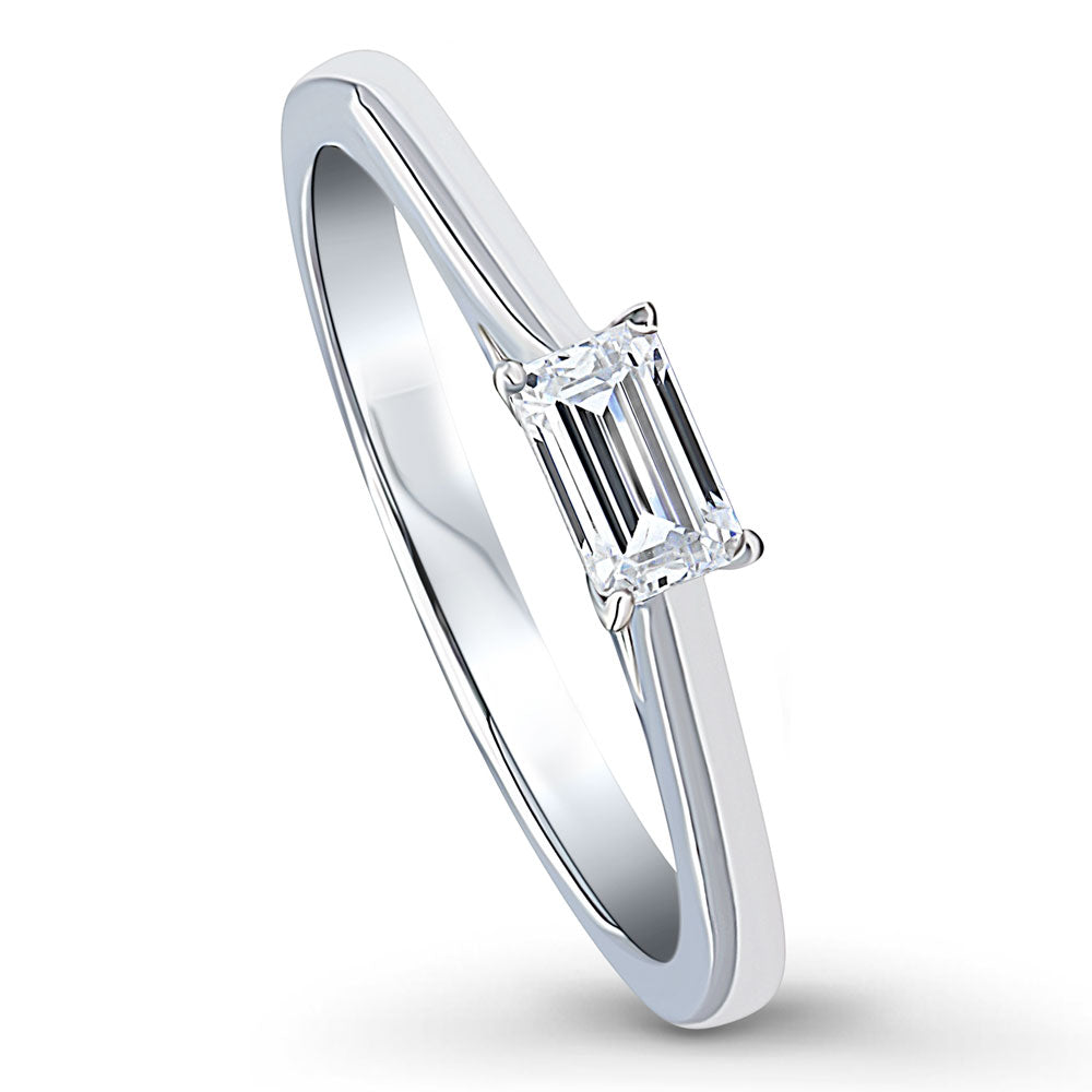 Front view of Solitaire East-West 0.3ct Emerald Cut CZ Ring in Sterling Silver, 4 of 6