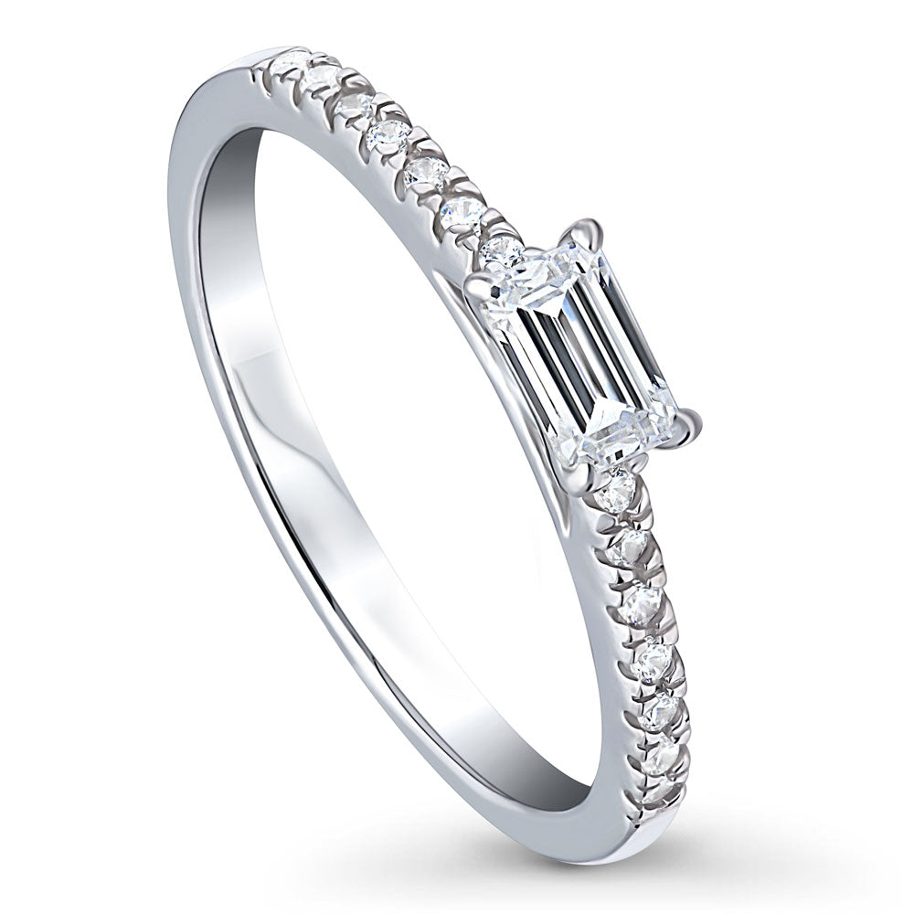Front view of Solitaire East-West 0.3ct Emerald Cut CZ Ring in Sterling Silver, 4 of 8