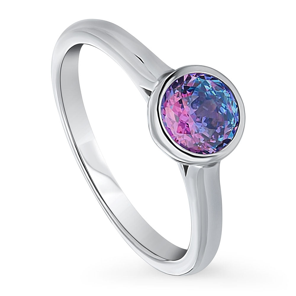 Front view of Solitaire Kaleidoscope Purple Aqua CZ Ring in Sterling Silver, 4 of 8