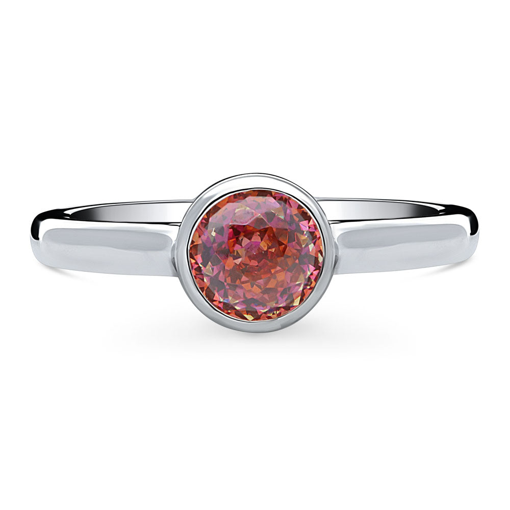 Solitaire Red Orange Bezel Set Round CZ Ring in Sterling Silver 0.8ct