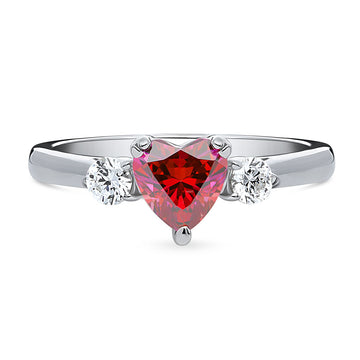 3-Stone Red Heart CZ Ring in Sterling Silver