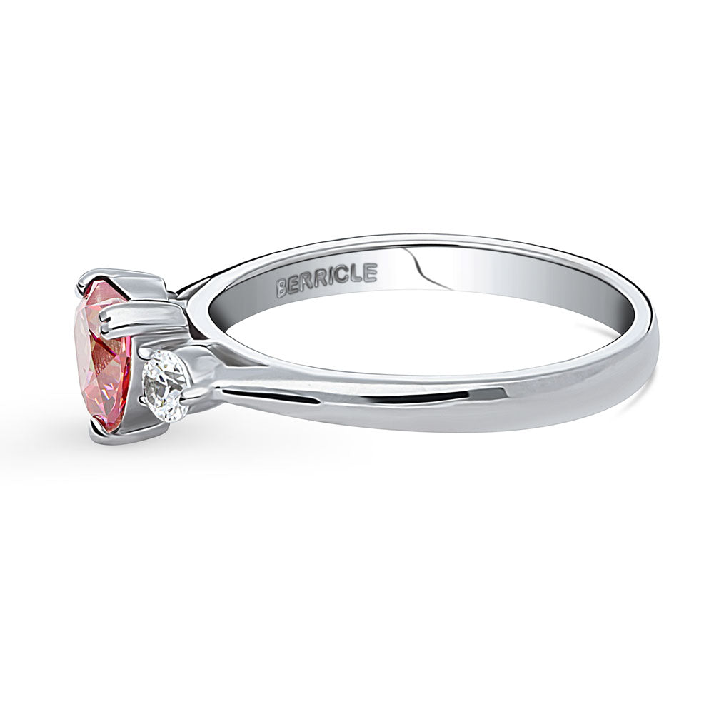 Angle view of 3-Stone Heart 0.7ct Red Heart CZ Ring in Sterling Silver, 5 of 12
