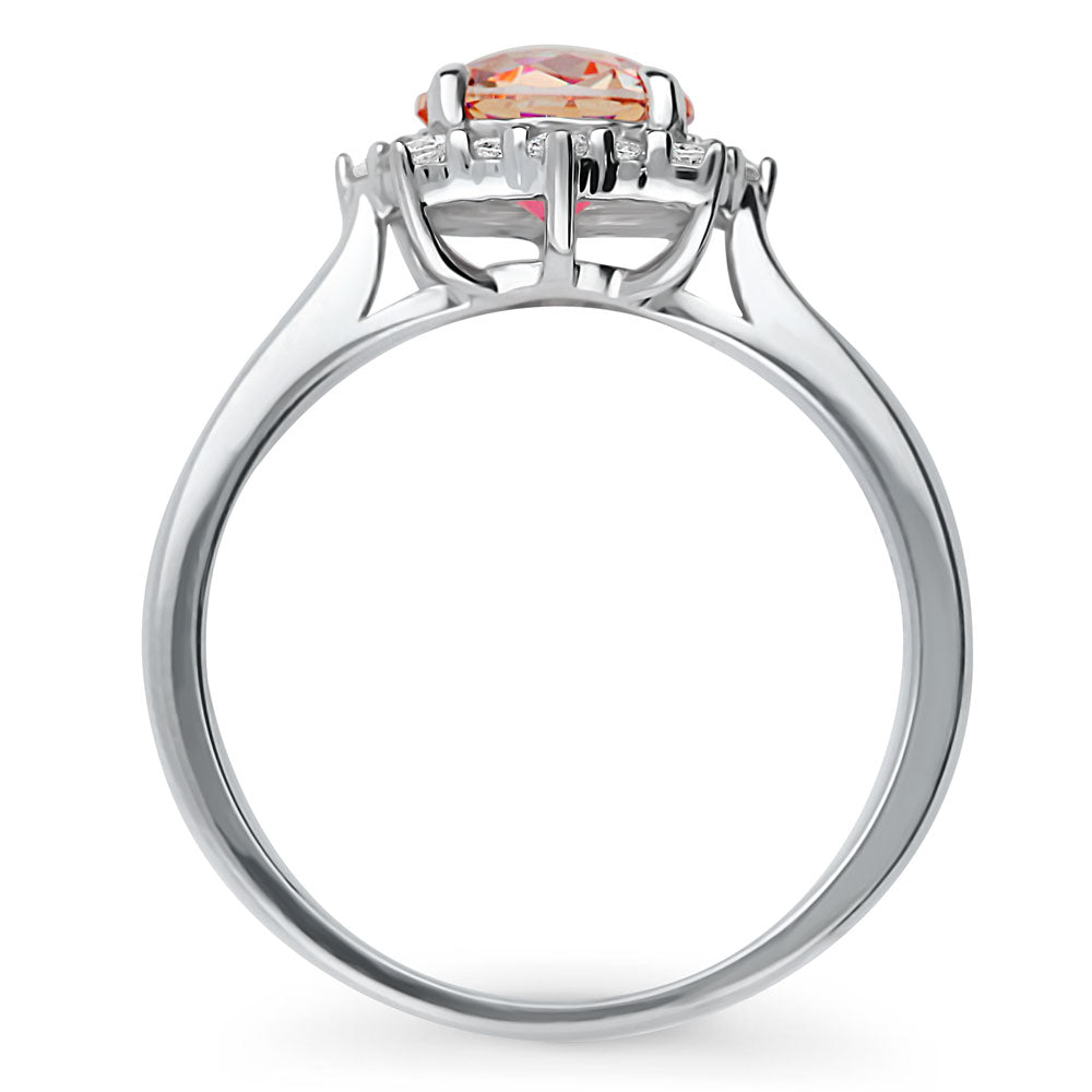 Halo Sunburst Red Orange Round CZ Ring in Sterling Silver