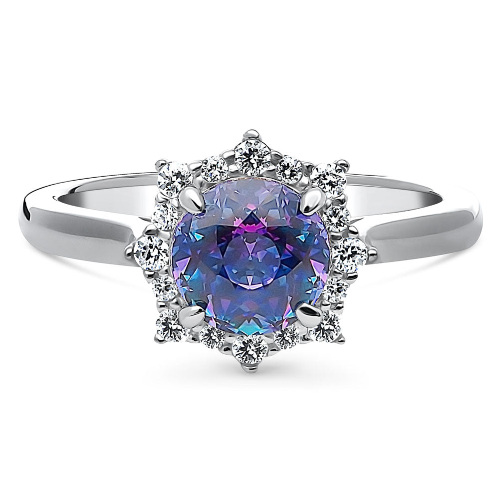 Halo Sunburst Purple Aqua Round CZ Ring in Sterling Silver