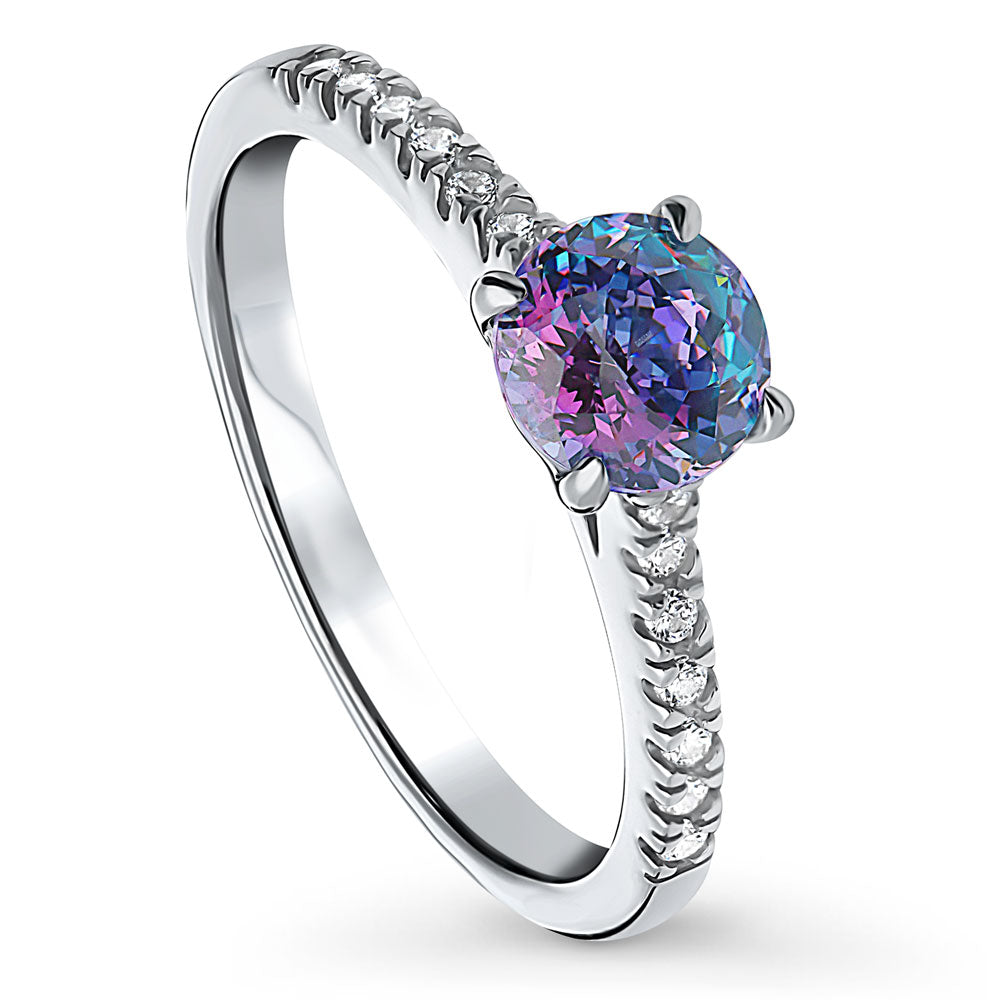 Front view of Solitaire Kaleidoscope Purple Aqua CZ Ring in Sterling Silver, 4 of 7