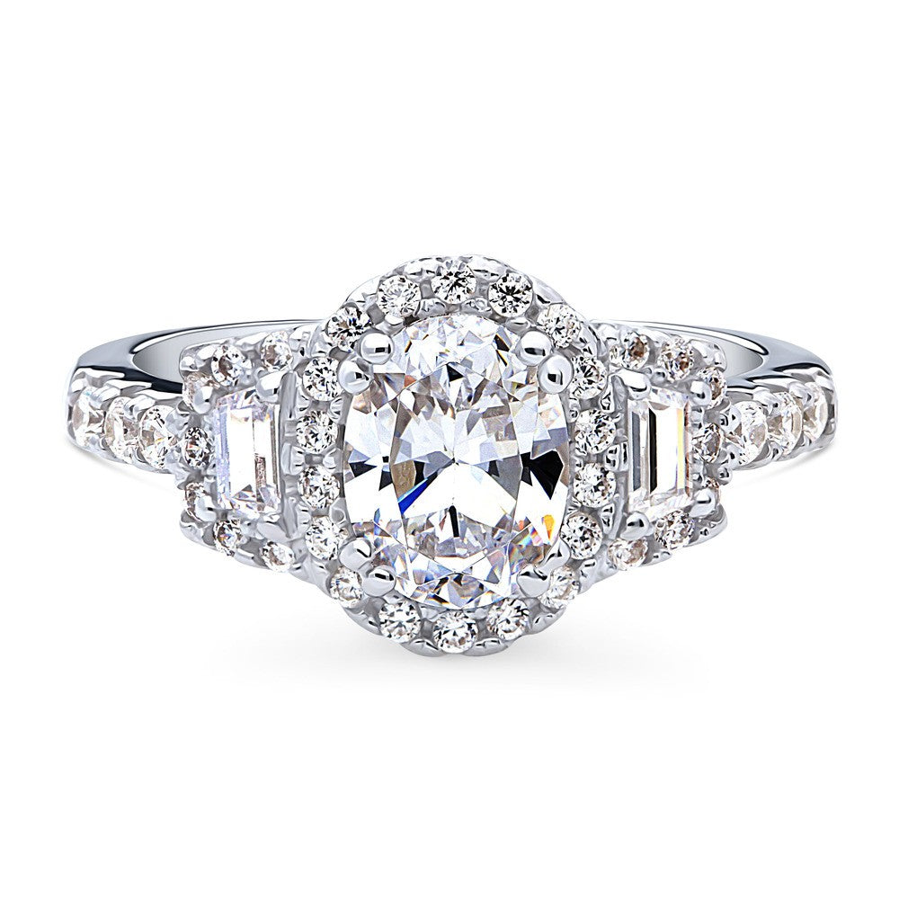 3-Stone Halo Art Deco 1.2ct Oval CZ Ring in Sterling Silver, 1 of 10